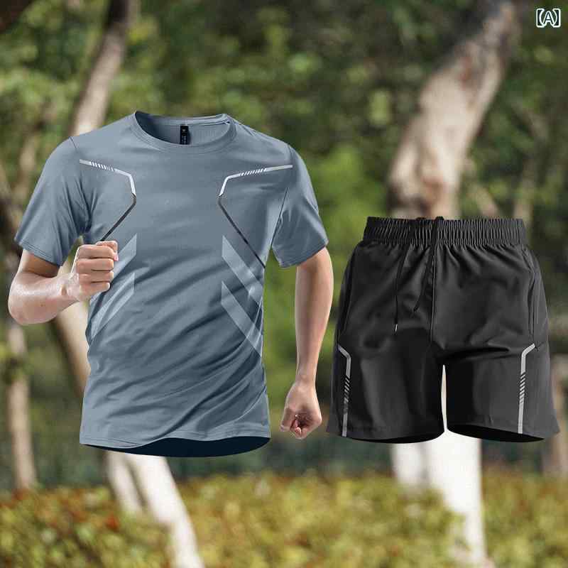 ランニングウェア　スポーツ　メンズ ランニング スポーツ スーツ メンズ 夏 用 冷感 速乾 服 半袖 Tシャツ フェザー バスケットボール トレーニング ショーツ フィットネスウェア
