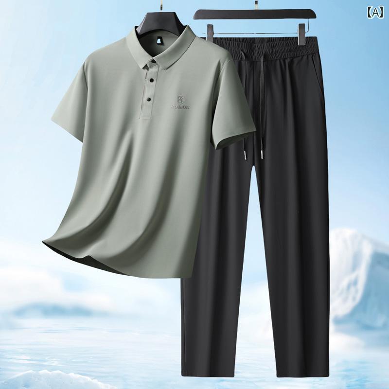 ランニングウェア　スポーツ　メンズ ロモン 冷感 シームレス スーツ メンズ Tシャツ カジュアル パンツ 夏 中年 ツーピース パパ POLO