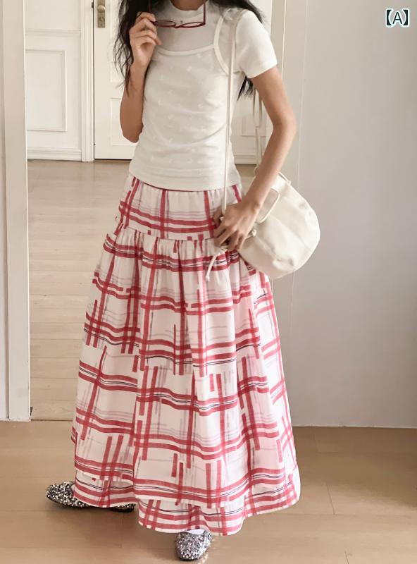 チェック柄　かわいいスカート レディース EIGHTHMONTH レトロ チェック 柄 伸縮性 ウエスト スカート レディース 夏 2025 ハイウエスト aライン ロング