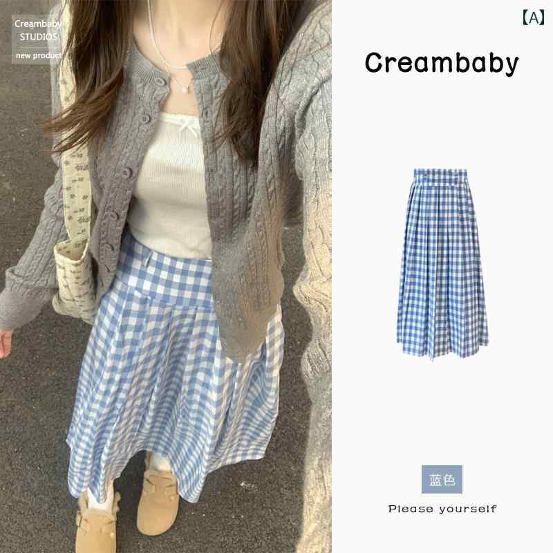 チェック柄　かわいいスカート レディース カレッジ レトロ ブルーの チェック 柄 プリーツスカート スカート 女性 2024年の ハイウエスト aライン スリム ロング(4)