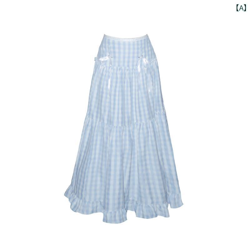チェック柄　かわいいスカート レディース ブルー レースの スプライス ハイウエスト チェック スカート 優しい 雰囲気 ゆったり ミディアム 丈 aライン ティアードスカート 春秋のサムネイル