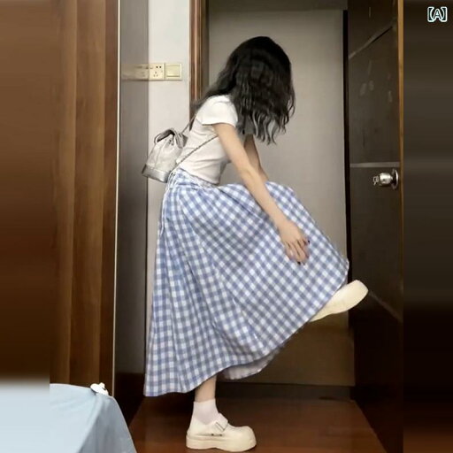 チェック柄 かわいいスカート レディース カレッジ 青と 白の チェック 柄 スカート 女性用 春秋 2025年 アンブレラ ドレープ ハイウエスト aライン ロング チェック柄 かわいいスカート レディース カレッジ 青と 白の チェック 柄 スカート 女性用 春秋 2025年 アンブレラ ドレープ ハイウエスト aライン ロング