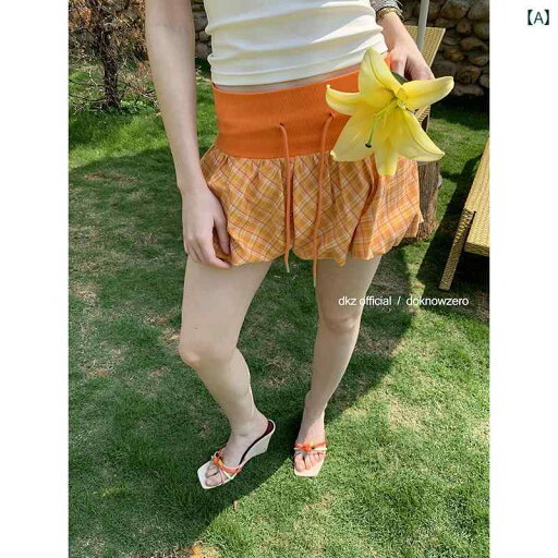 チェック柄 かわいいスカート レディース DKZ オレンジ チェック 柄 フラワー バッド スカート レディース 夏 ドローストリング ホリデー スタイル ショート チェック柄 かわいいスカート レディース DKZ オレンジ チェック 柄 フラワー バッド スカート レディース 夏 ドローストリング ホリデー スタイル ショート
