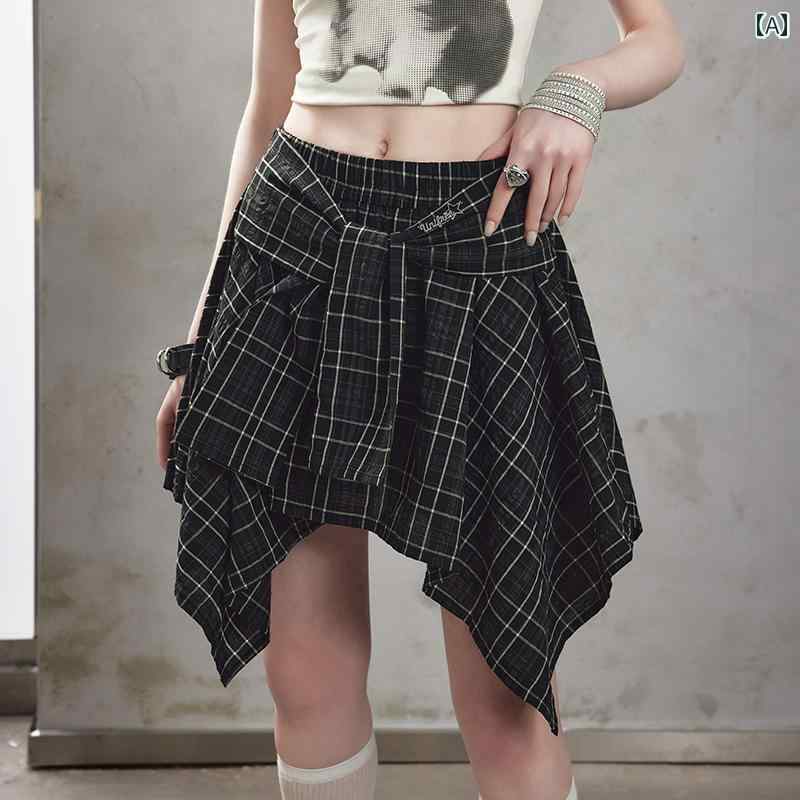 チェック柄　かわいいスカート レディース 【 夏 25】 UNIFREE 韓国 チェック スカート イレギュラー ハイウエスト スリミング ふわふわ aライン ショート