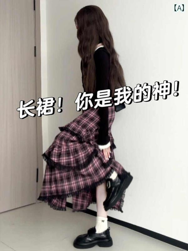 チェック柄　かわいいスカート レディース 甘くて クールな ホット ガールの ピンクと 黒の チェック 柄 ティアードスカート 女性 2025 夏 ハイウエスト aライン アンブレラ スカート 不規則な レース