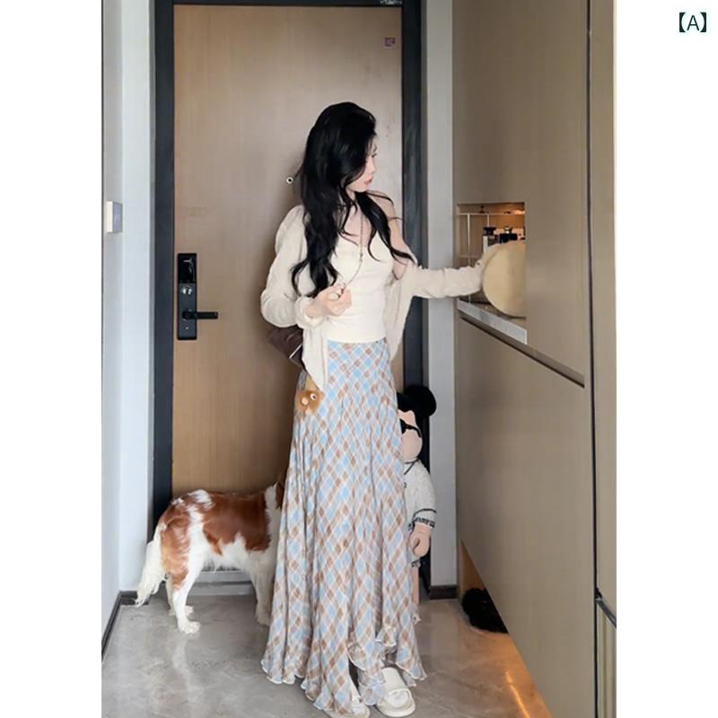 チェック柄　かわいいスカート レディース エレガントな レトロ チェック 柄 スカートの 婦人服 2025夏の 不規則な 美しい 万能 ビッグ スイング スカート