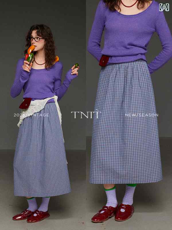 チェック柄 かわいいスカート レディース TNIT レトロ ハイウエスト チェック 柄 マキシ スカート レディース 2025 春夏 カジュアル aライン スリム アンブレラ