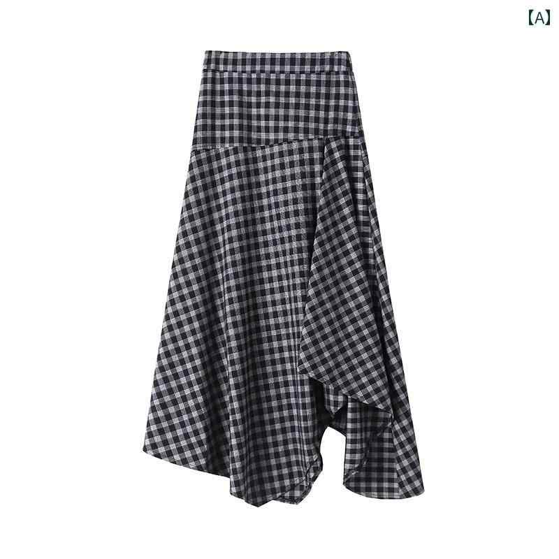 チェック柄 かわいいスカート レディース 不規則な 黒と グレーの チェック 柄 aライン スカート 女性用 夏 2025 ハイウエスト スリム ミディアム ロング スイング