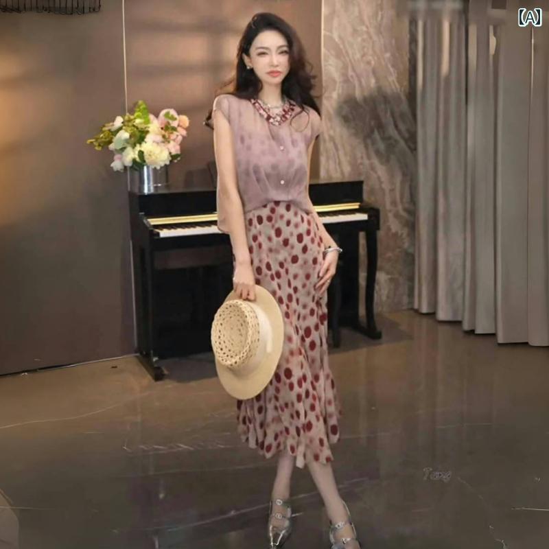 スカート 水玉 レディース 女性用 ファッション サスペンダー ドレス 夏 ウエスタン ノースリーブの ウエスト コート ドットの フィッシュ テール ロング ...