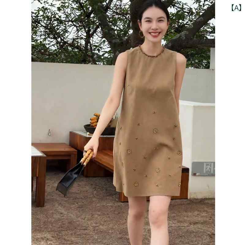 スカート　水玉　レディース フランスの レトロ 重厚な 刺繍が 施 ノースリーブの ベスト ドレス。 春と 夏に ゆったり スリム お腹 カバーの ストレート