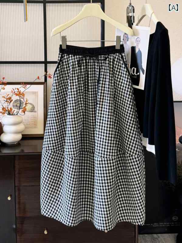 スカート　水玉　レディース レトロ チェック 柄の 花の つぼみ スカート レディース ミディアム 丈 カ..
