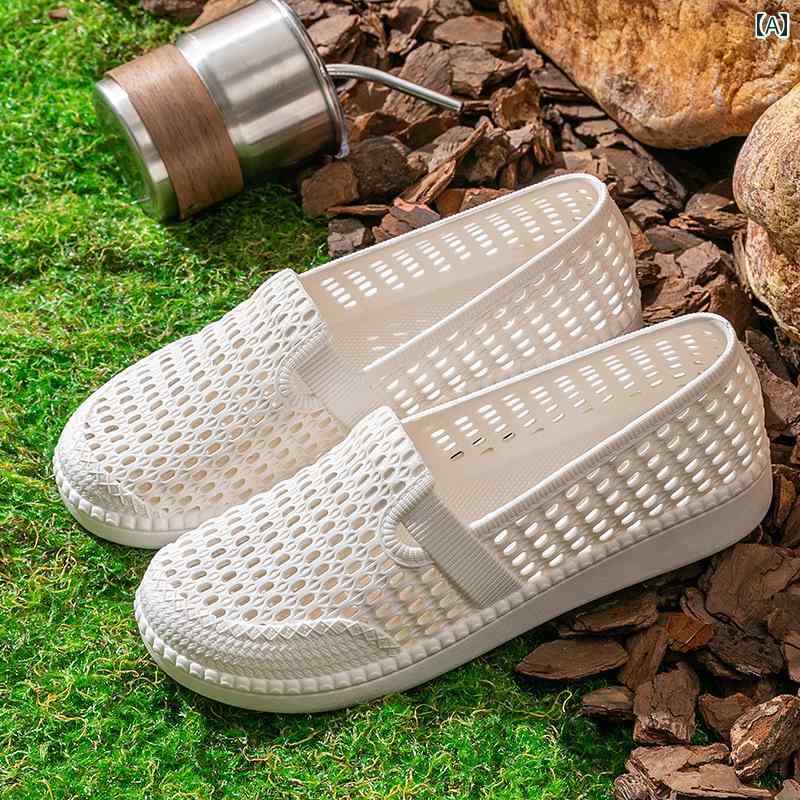 ローヒール パンプス シューズ レディース 夏の レディース 穴あき 靴 プラスチック製の 白い サンダル..