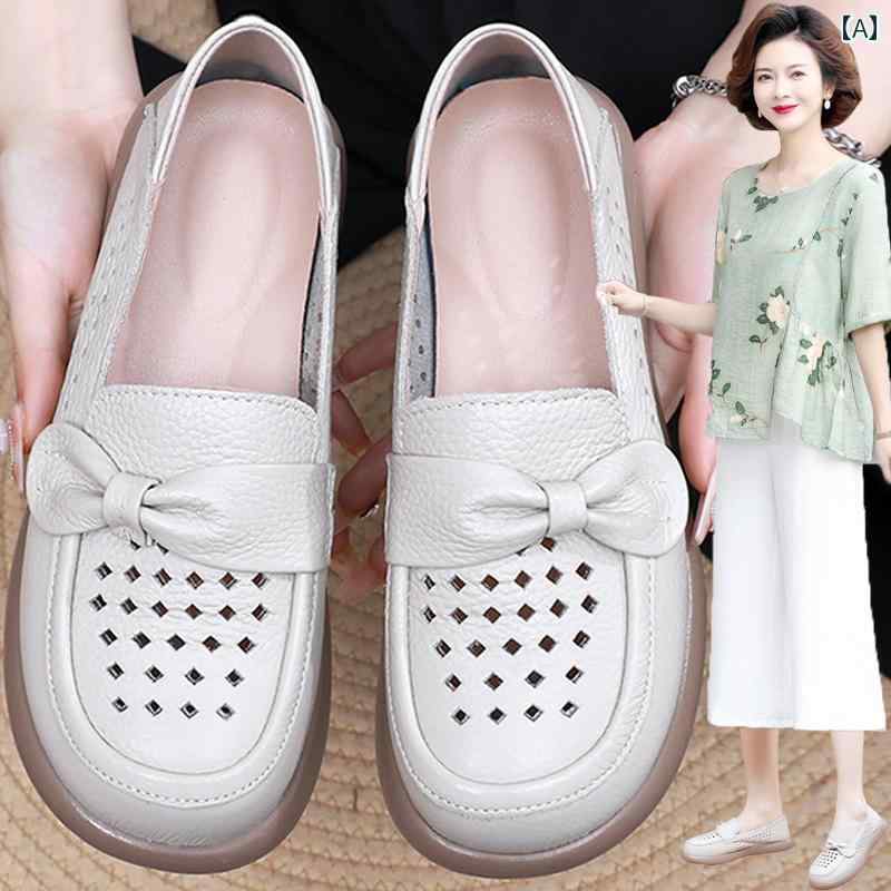 ローヒール パンプス シューズ レディース 革 マザー サンダル 夏 穴 靴 レディースシングル シューズ 快適 ソフト ソール レザーシューズ 穴あき 通気性