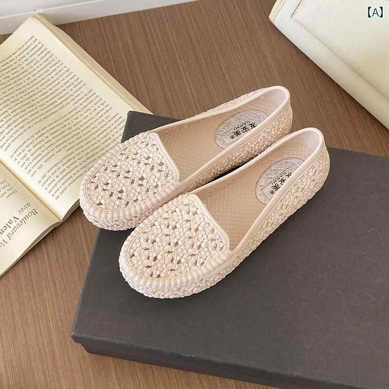 ローヒール パンプス シューズ レディース 夏の レディース 穴あき 靴 プラスチック 白い サンダル 滑..