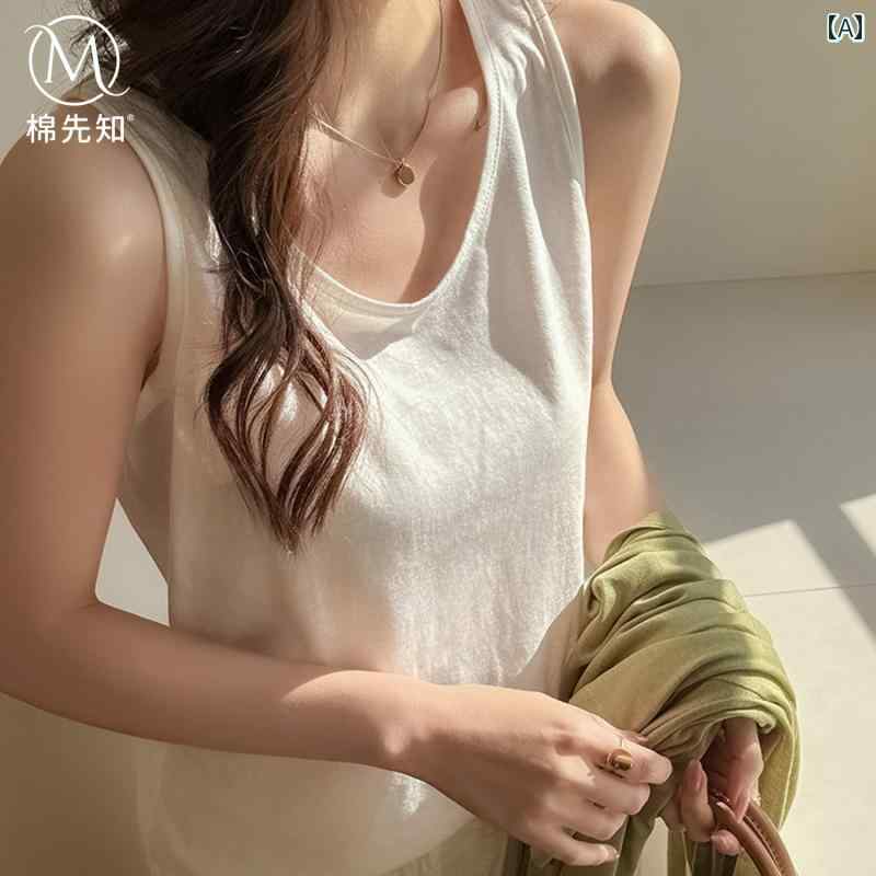 Vネック　キャミソール　ノースリーブ コットンリネンの ノースリーブベスト 女性用 夏 アウター 2025 ..