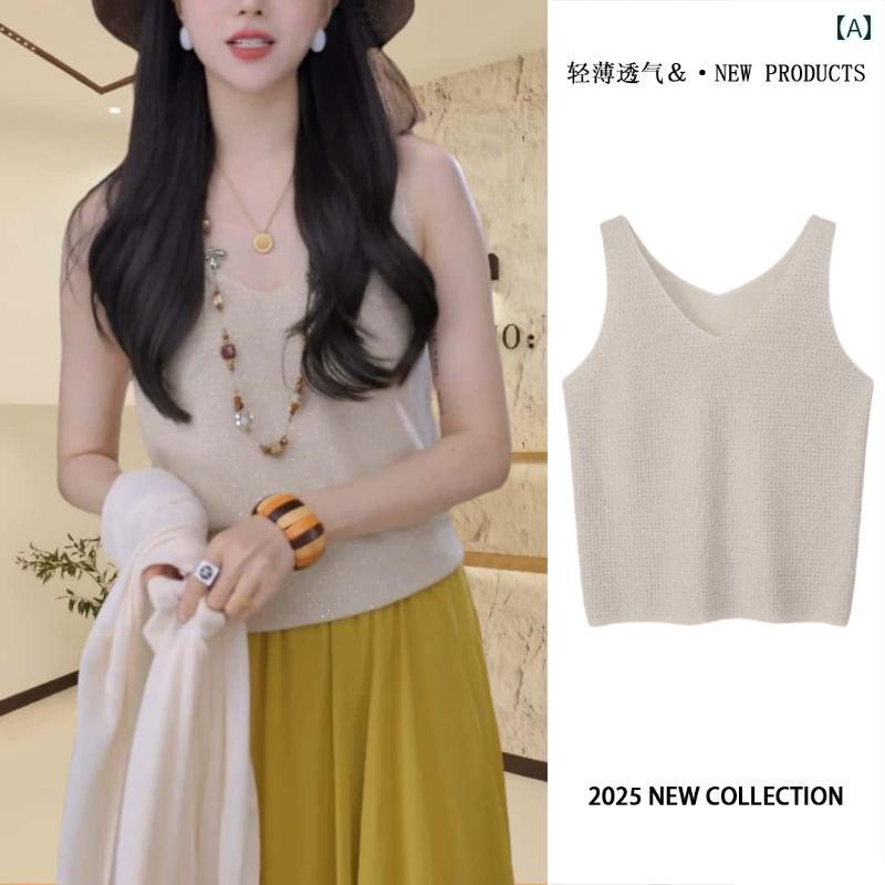 Vネック　キャミソール　ノースリーブ 夏の ゆったり の Vネック ニット ベスト 2025な ホット ラインストーン カジュアル ノースリーブトップ