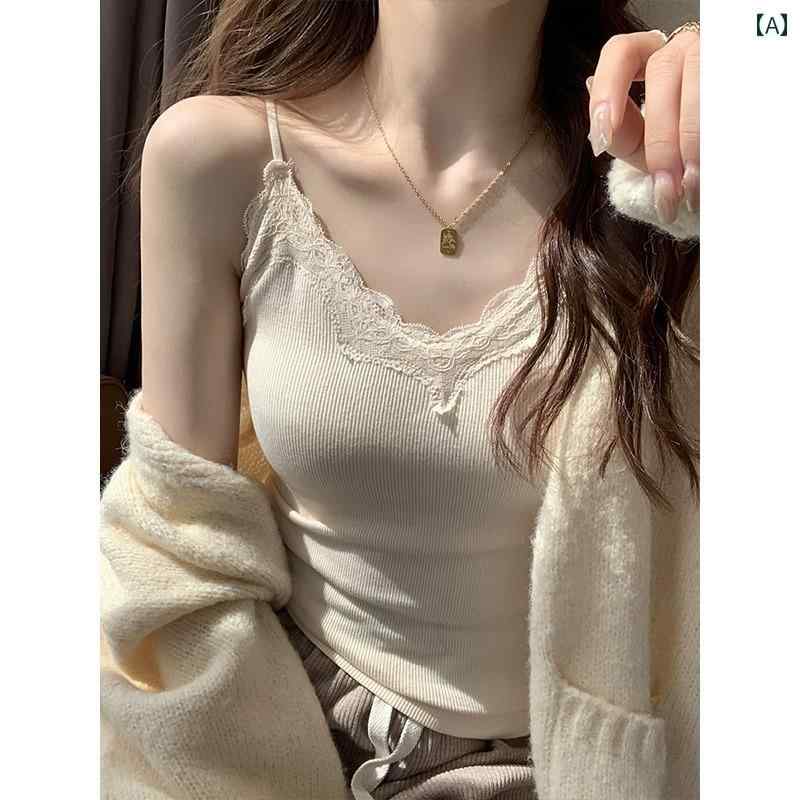 Vネック　キャミソール　ノースリーブ 魅惑的 レースの 小さい キャミソール レディース フランスの なの ニット ベスト 2025 春夏 スタイル カーディガン トップ アウターウェア 付き(4)
