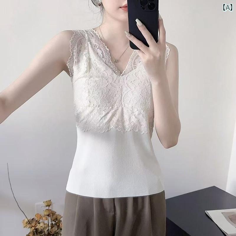 Vネック　キャミソール　ノースリーブ 大きいサイズ レース スプライシング Vネック ニット スモール ベスト レディース 2025夏 ミリ スリミング ボトムス トップ
