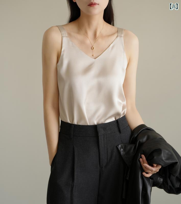 Vネック　キャミソール　ノースリーブ レディース シフォン Vネック サスペンダー ワイド ショルダー 内側に 小さい ベスト 付きで 細く 見える 無地 ノースリーブ アウター 夏服