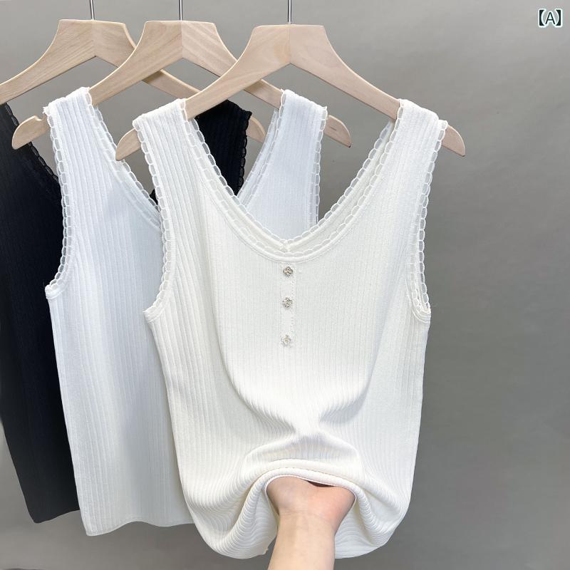 Vネック　キャミソール　ノースリーブ レース Vネック 冷感 ニットキャミソール ベスト レディース 2025 春夏 秋 インナーレイヤリング シャツ アウター 薄手 トップス(4)