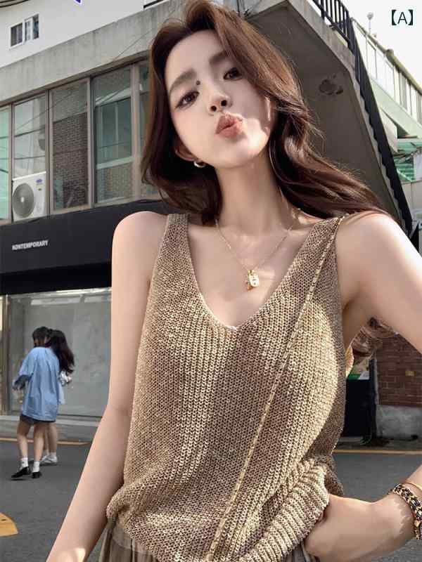Vネック　キャミソール　ノースリーブ フランスの 古風お 金の 夏の 女性用 Vネック ニットキャミソー..