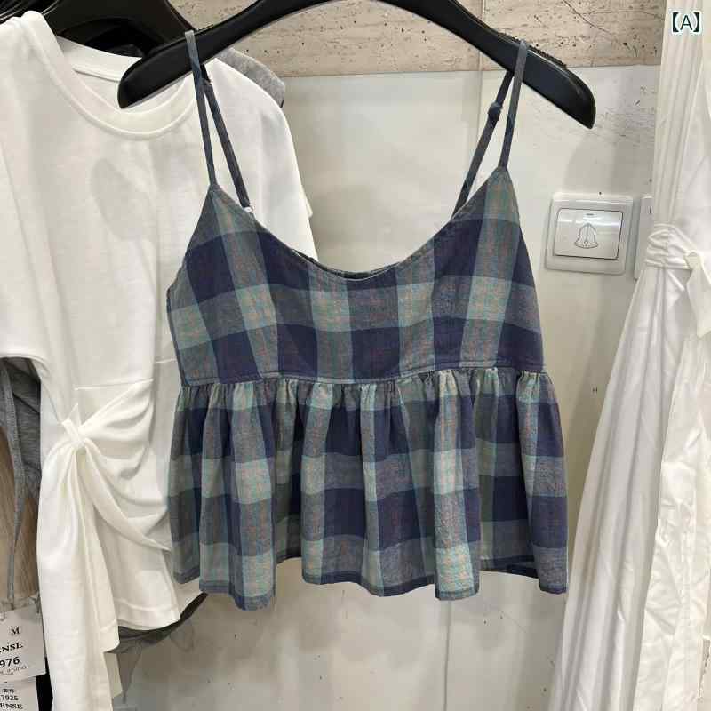 Vネック　キャミソール　ノースリーブ 韓国 レトロ の 重ね 着 風 チェック 柄 ベビー ドール シャツ ..