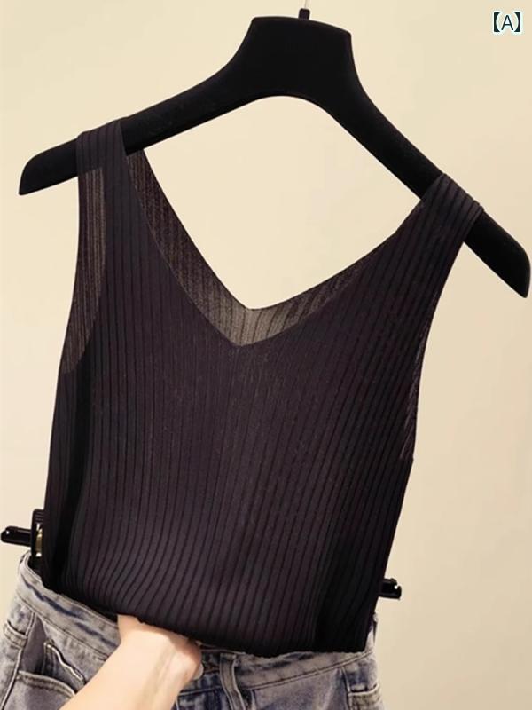 Vネック　キャミソール　ノースリーブ 女性用 ブラック ニットキャミソール ベスト 夏の スタイル ゆったり スーツ レイヤリング シャツ Vネック 冷感 トップ