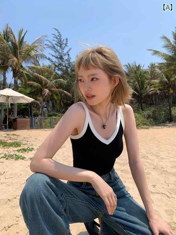 Vネック　キャミソール　ノースリーブ 夏に 着用 できる 女性用 Vネックの 黒と 白の 胸 パッド 付き ショート キャミソール スリムフィット スリム ノースリーブニット トップス