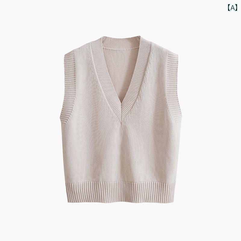Vネック　キャミソール　ノースリーブ 100 % コットンベスト 2024 春秋 レディース セーター ベスト ショート ウール ウエスト コート ノースリーブニット