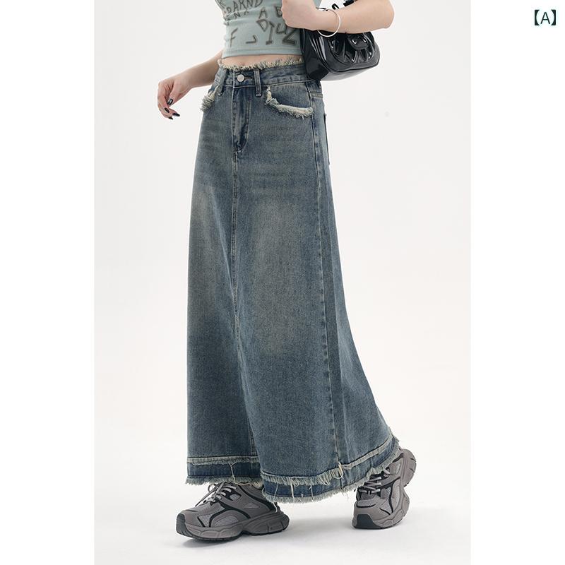ロングスカート　ドレス　レディース アメリカン レトロ ロー エッジ デニムスカート スカート レディ..