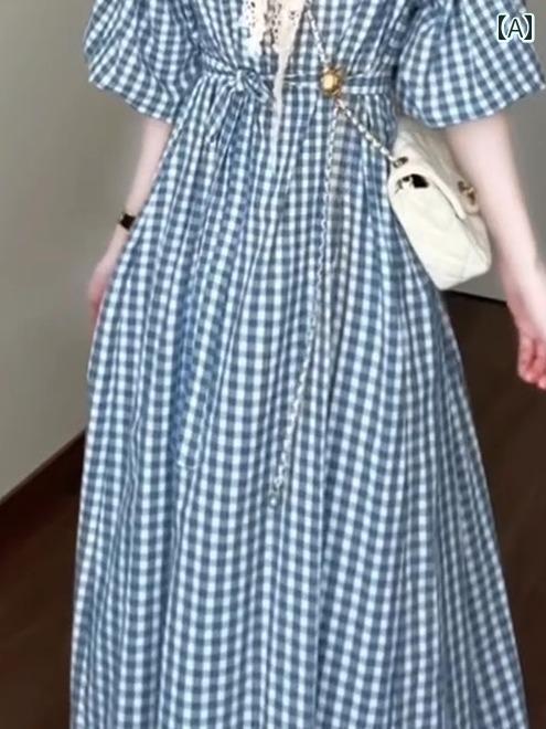 ロングスカート ドレス レディース メーデーの 衣装 の 夏の レディース フランスの チェック 柄 ドレスの 完全な セット のの 美しい 休日の ロング ドレス