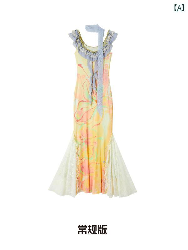 ロングスカート　ドレス　レディース OfAkiva 黄金 時代 ダイナミックな 意識の 流れ プリント ドレス レディース ハイ エラスティック フリル ロング スカート