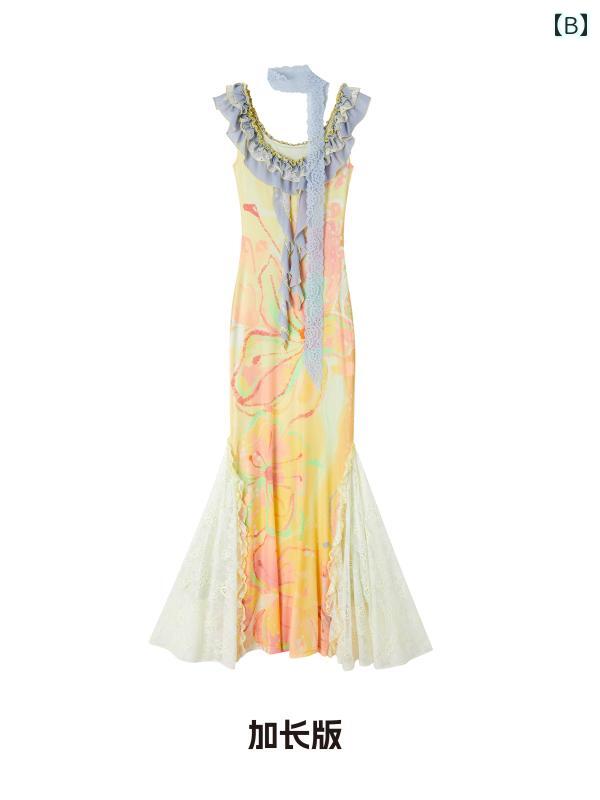 ロングスカート　ドレス　レディース OfAkiva 黄金 時代 ダイナミックな 意識の 流れ プリント ドレス レディース ハイ エラスティック フリル ロング スカート