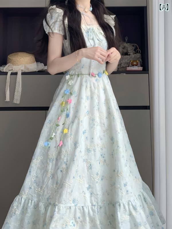 ロングスカート　ドレス　レディース 女性用 フレンチ スイート フローラル パフスリーブドレス 夏 向け 美しい プリンセス ドレス ウエスト リボン ホリデー スタイル フェアリー ロング スカート