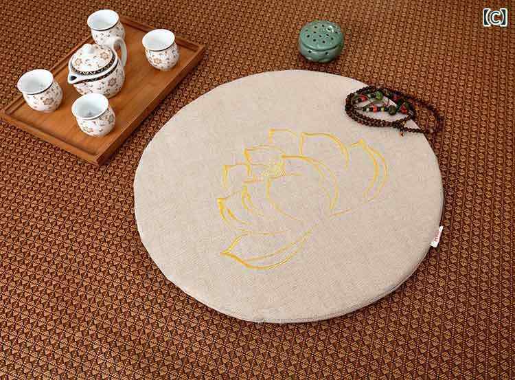 カバー　クッション　マット リネンの 蓮の 布団 刺繍入り 正方形 瞑想 マット 大...