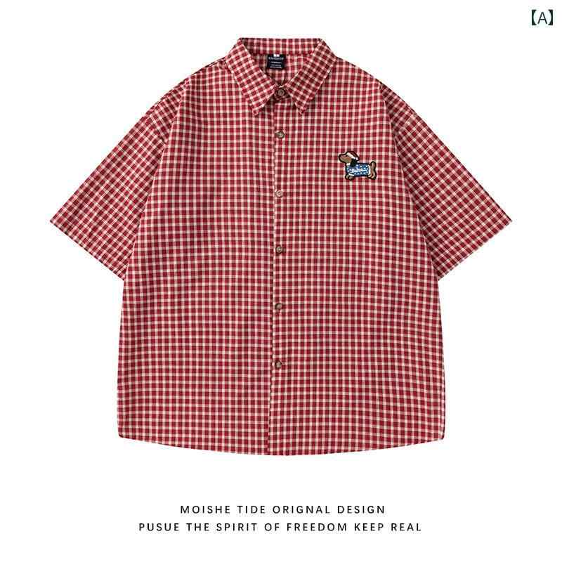 半袖シャツ　メンズ　花柄 MOISHE TIDE ダックスフント 刺繍入り チェック 柄 半袖 シャツ 男女兼用 夏用 ゆったり め カレッジ 風 カジュアル