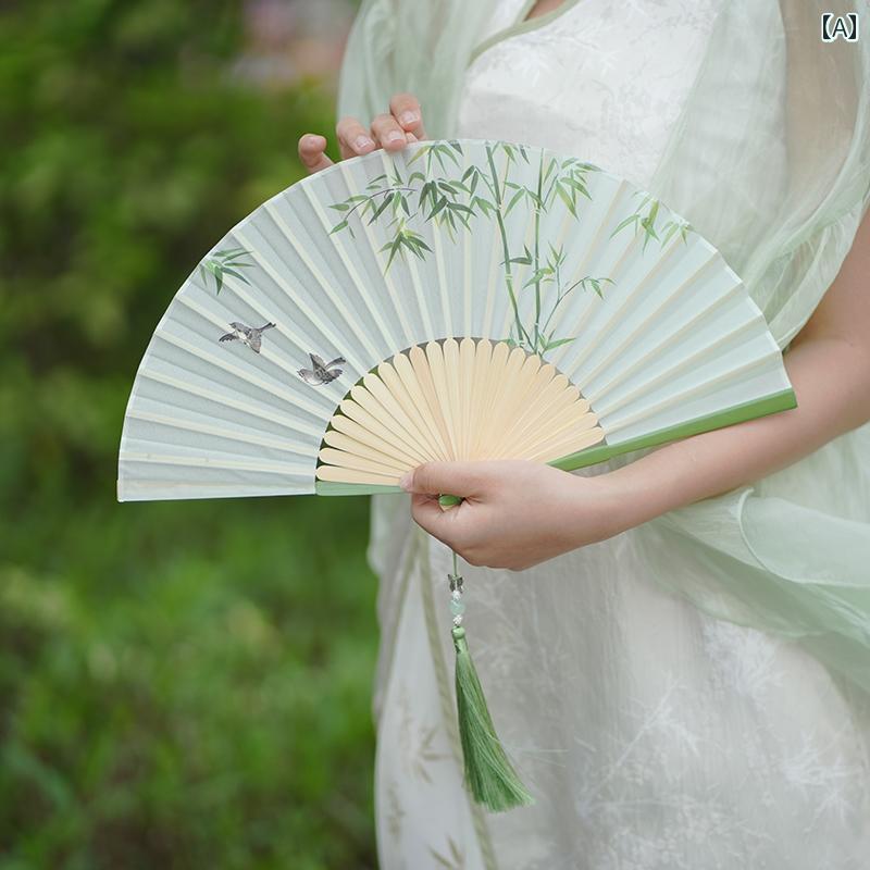 扇子　和風 夏の 女の子用 扇子 携帯用 レトロ スタイル 中国 漢服 ダンス用 耐久性の ある 扇 骨 完全..