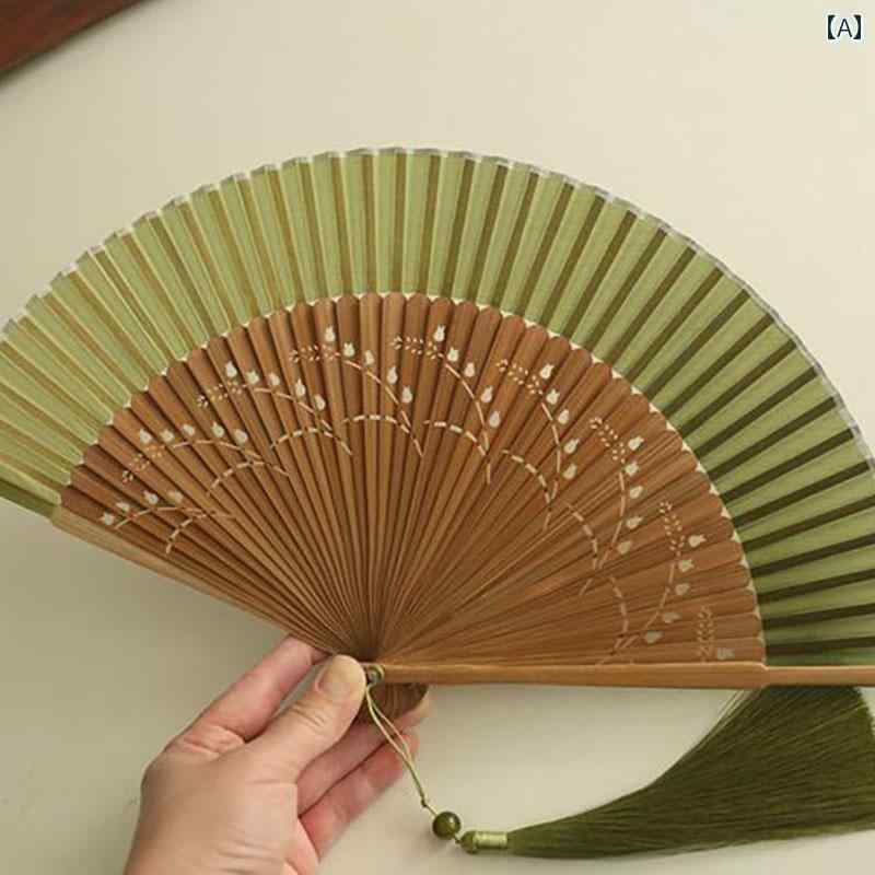 扇子　和風 月の 扇子 小さい さわやか 66インチの 女性用 草の 緑の 折りたたみ 式 ダンス 漢服の ク..