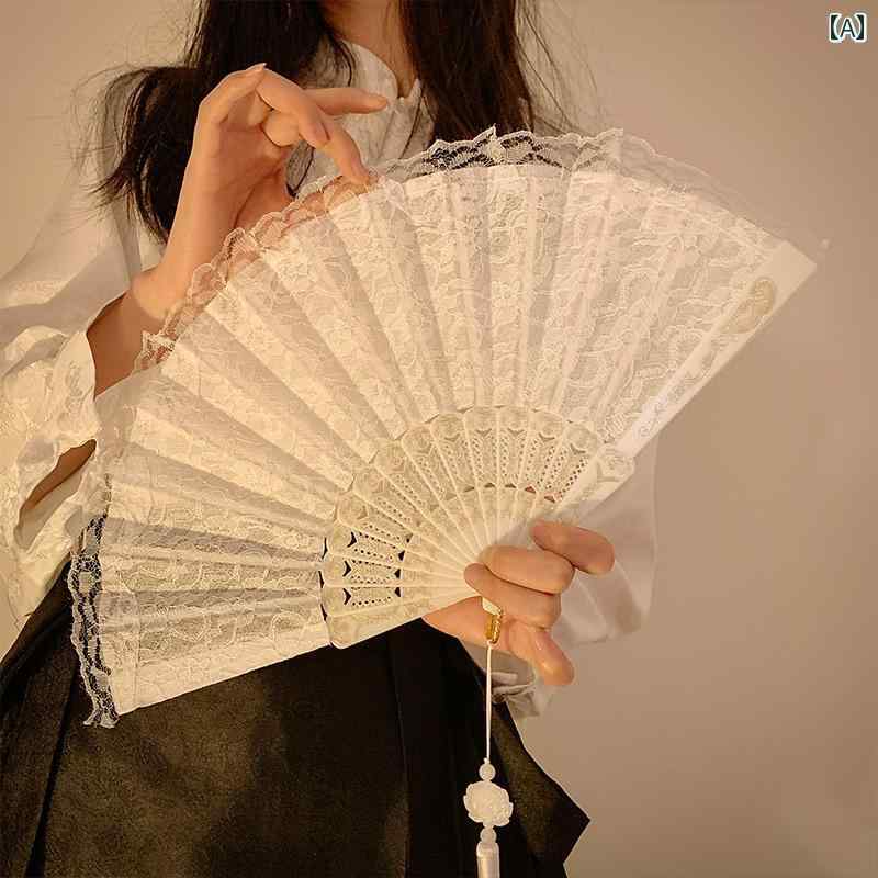 扇子 和風 チャイナ風 レトロ 白い レースの 扇子 漢服の チャイナ ドレス 馬 面 スカートの レディース 写真の 小道具