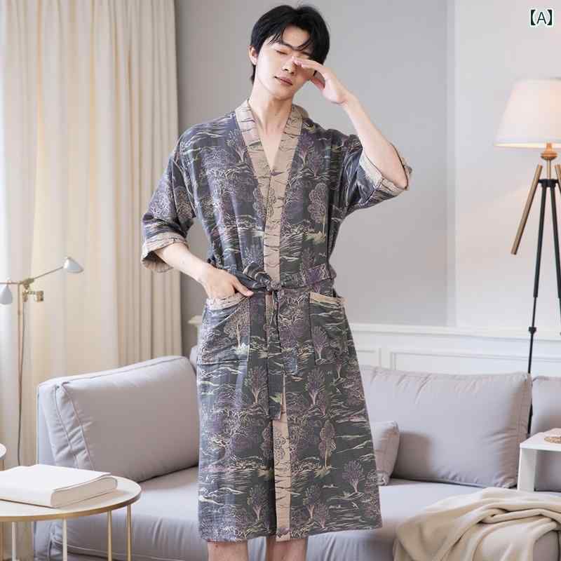 ガウン　パジャマ　バスローブ 男性用 バスローブ 綿 速乾 二 重 ガーゼ オール シーズン 対応 夏用 薄手