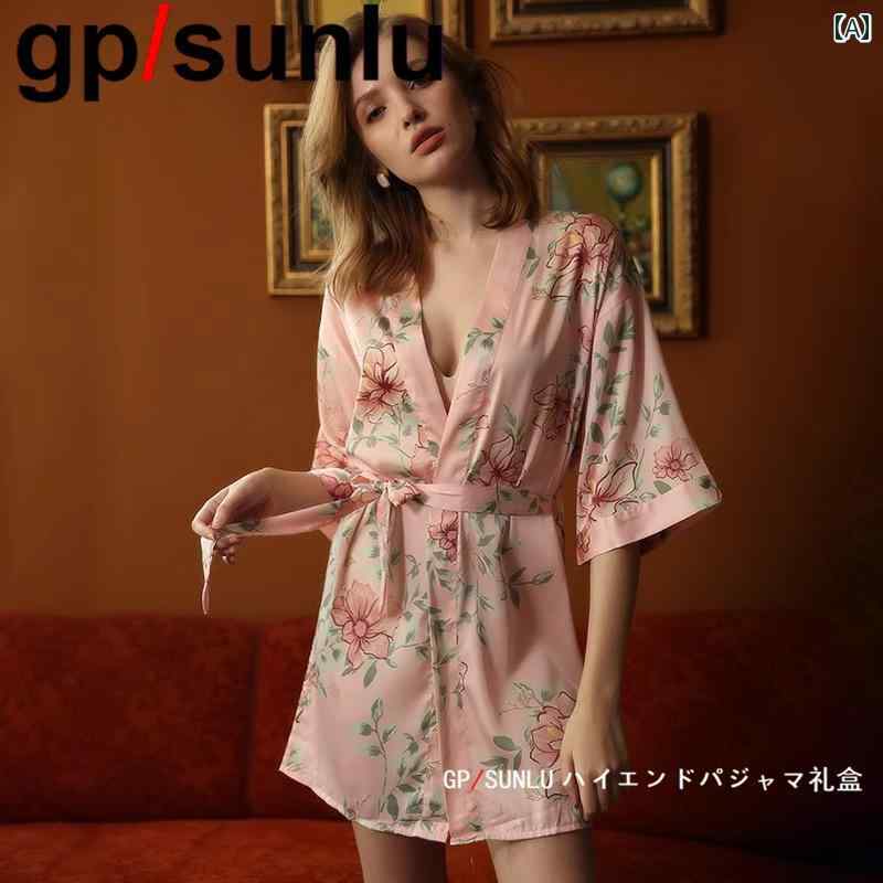 バスローブ　レディース GP 冷感 ナイトガウン レディース 夏 魅惑的 花柄 着物 パジャマ 薄手 カーデ..