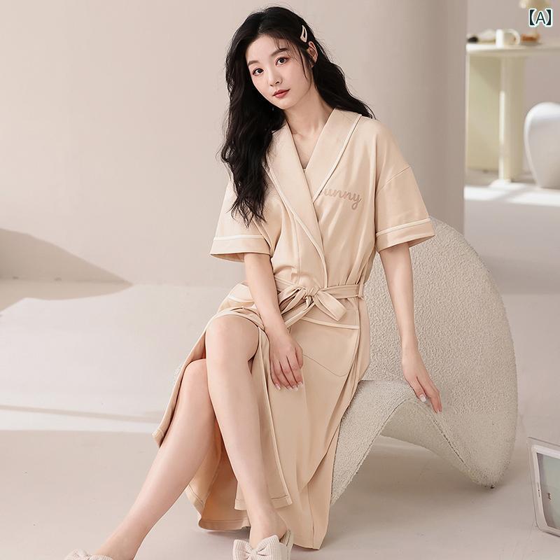 ガウン　パジャマ　バスローブ フェン テンカン ナイトガウン レディース 夏用 コットン 半袖 ミディア..