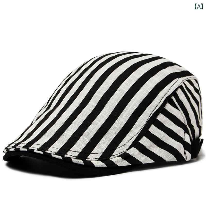 ベレー帽　レディース　おしゃれ 春夏 薄手 キャップ メンズ コットンリネン 通気性 ストライプ ベレー..