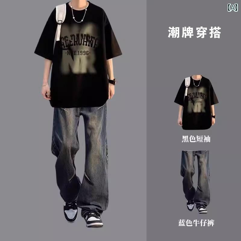 メンズ　Tシャツ　セットアップ アメリカン 半袖 Tシャツ メンズ サマー スーツ ジーンズ 付き カジュアル メンズウェア コンプリートセット