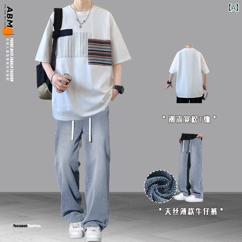 Tシャツ　メンズ　セットアップ 夏の 半袖 Tシャツ スーツ メンズスタイル 高校生と 中学生の カジュア..