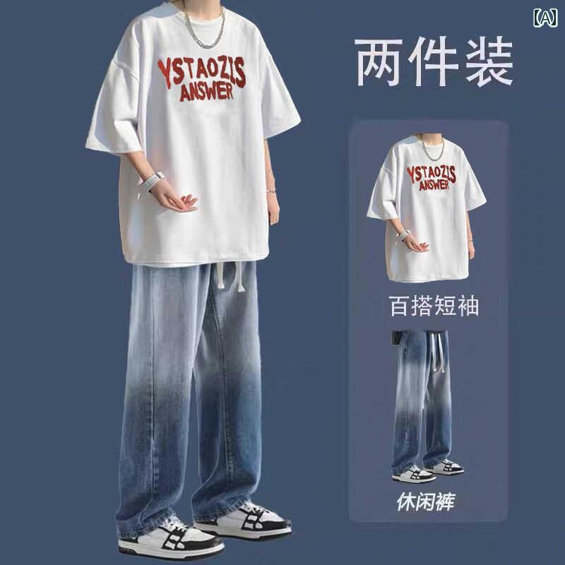 Tシャツ　メンズ　セットアップ 夏の カジュアル 半袖 ボーイズ スーツ プリント Tシャツ メンズスーツ..