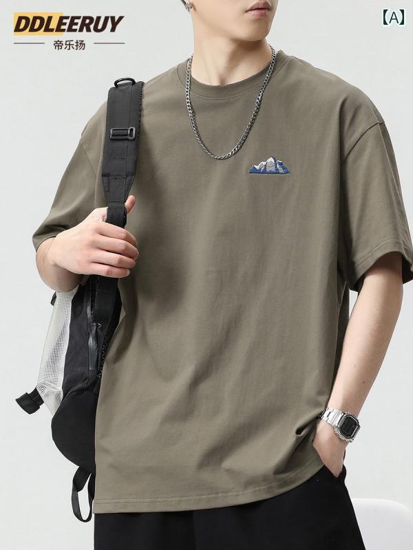 Tシャツ メンズ セットアップ 260 g 厚手 綿 半袖 Tシャツ メンズ 刺繍 ラウンドネック トップス 夏 ゆ..