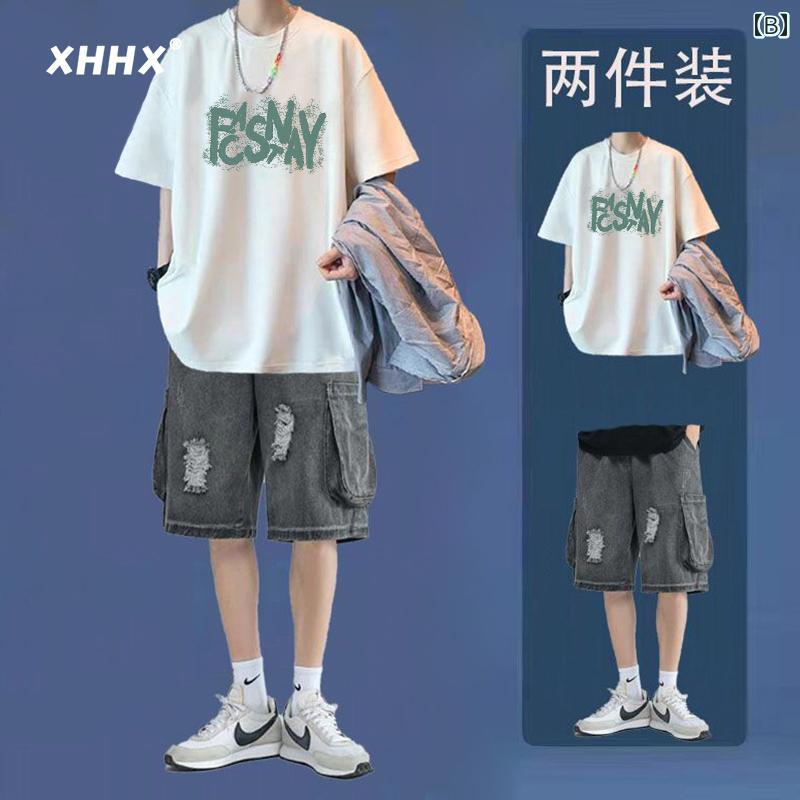 Tシャツ　メンズ　セットアップ ファッション の 半袖 Tシャツ メンズ 綿 夏 薄手 ショート パンツ スーツ ツーピース 冷感 ゆったり カジュアル メンズウェア