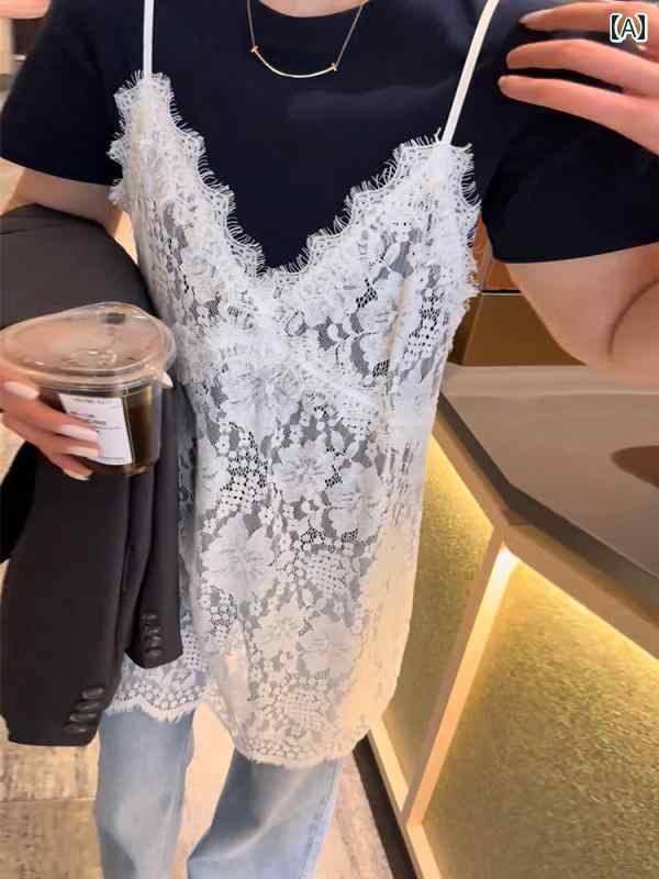 Vネック　レース　レディース 韓国 優しい ミディアムと ロングの Vネック レース サスペンダー 女性用 2025年 ゆったり 万能で スタイリッシュな レイヤードトップス