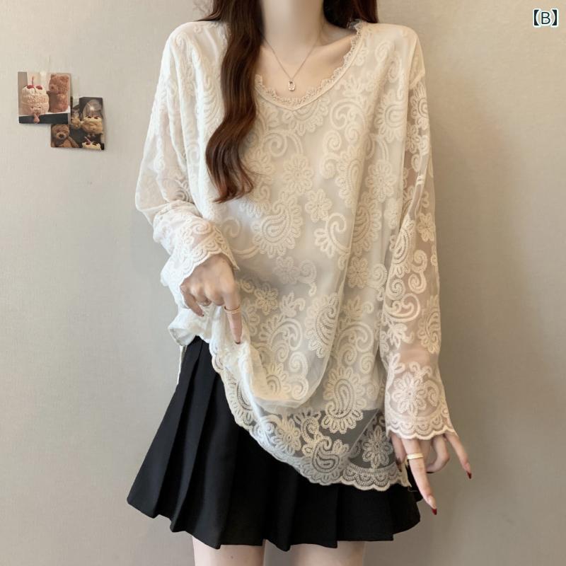 Vネック　レース　レディース 大きいサイズ レディース 服 腹を 覆う レース フック フラワー Vネック ..